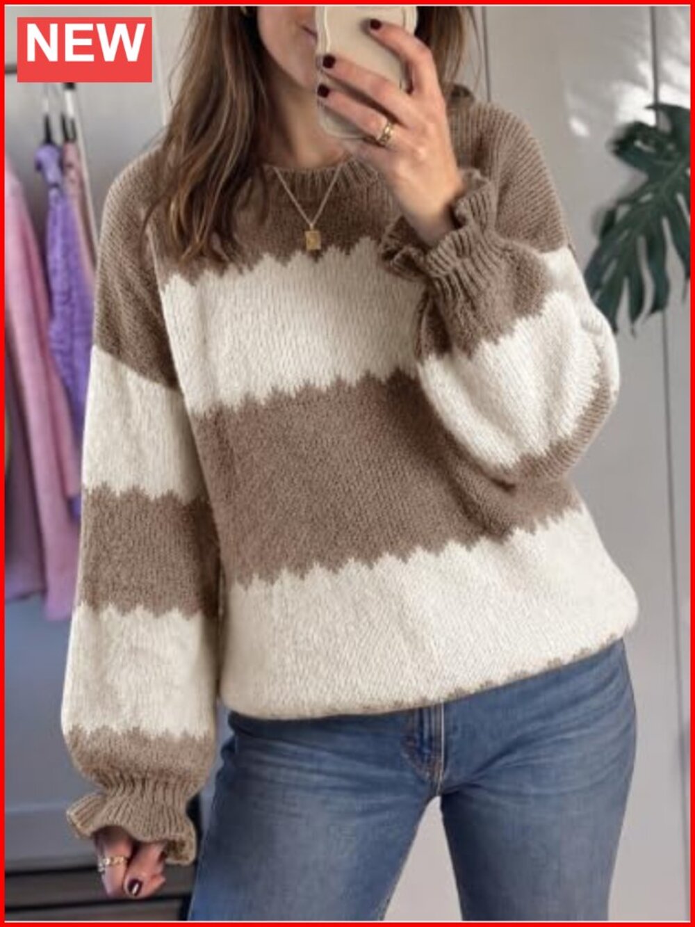 Striped Color Block Ruffle Sleeve Pullover Sweater Womens Loose Ribbed Knit - Picture 4 of 6